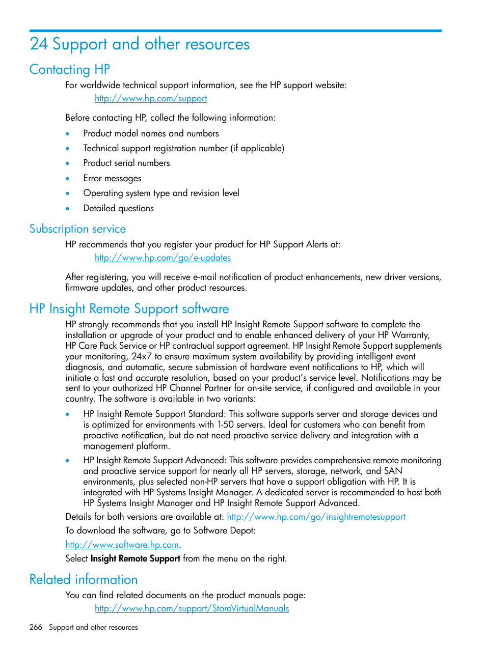 24 support and other resources, Contacting hp, Subscription service | Hp insight remote support software, Related information | HP LeftHand P4000 SAN Solutions User Manual | Page 266 / 290
