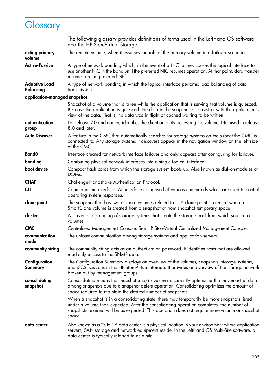 Glossary | HP LeftHand P4000 SAN Solutions User Manual | Page 269 / 290