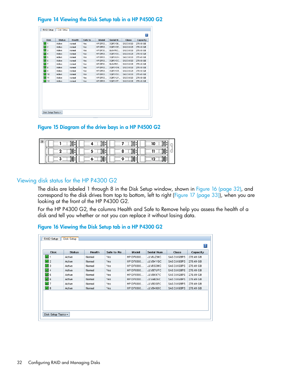 Viewing disk status for the hp p4300 g2 | HP LeftHand P4000 SAN Solutions User Manual | Page 32 / 290