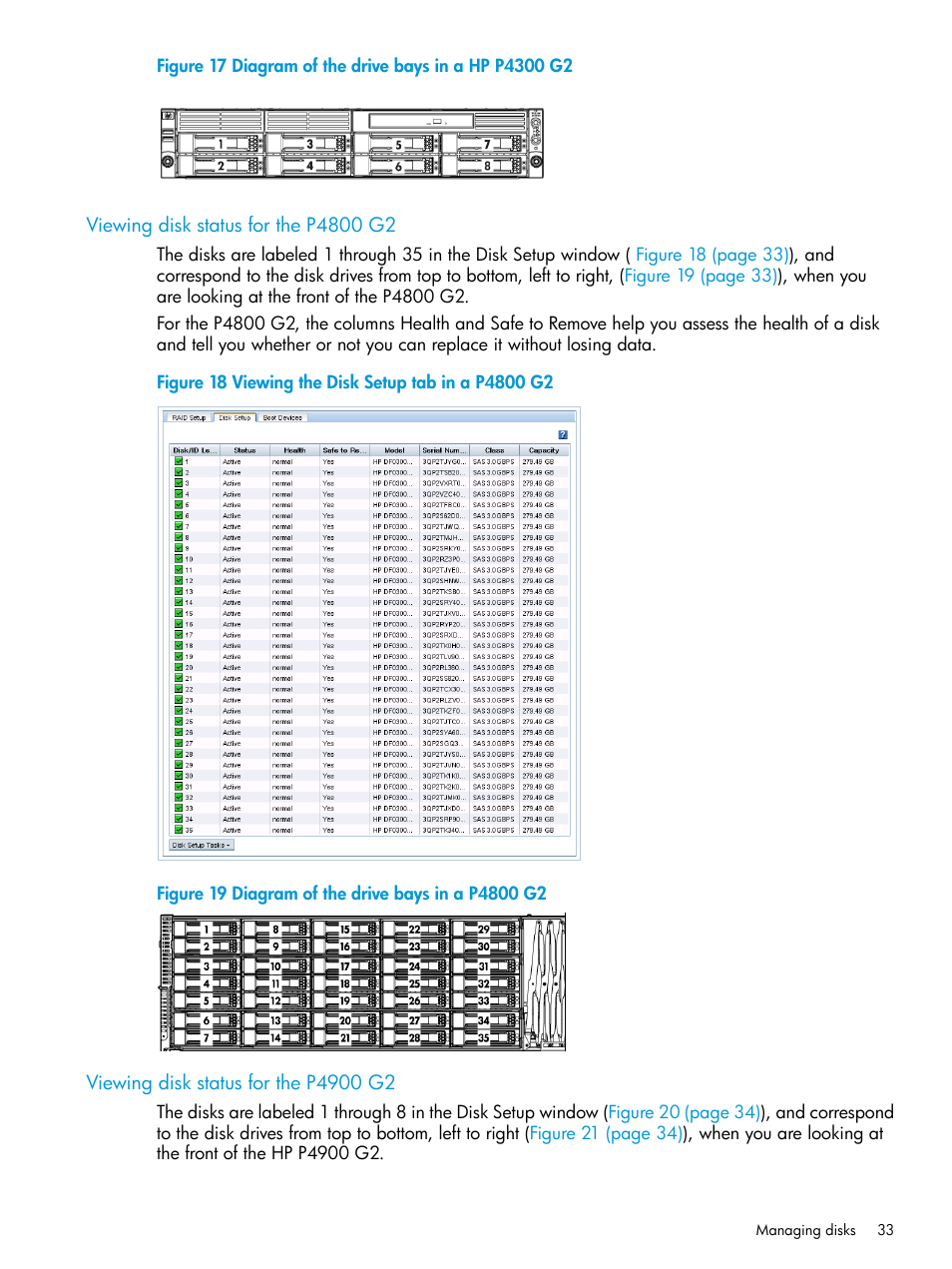 Viewing disk status for the p4800 g2, Viewing disk status for the p4900 g2 | HP LeftHand P4000 SAN Solutions User Manual | Page 33 / 290