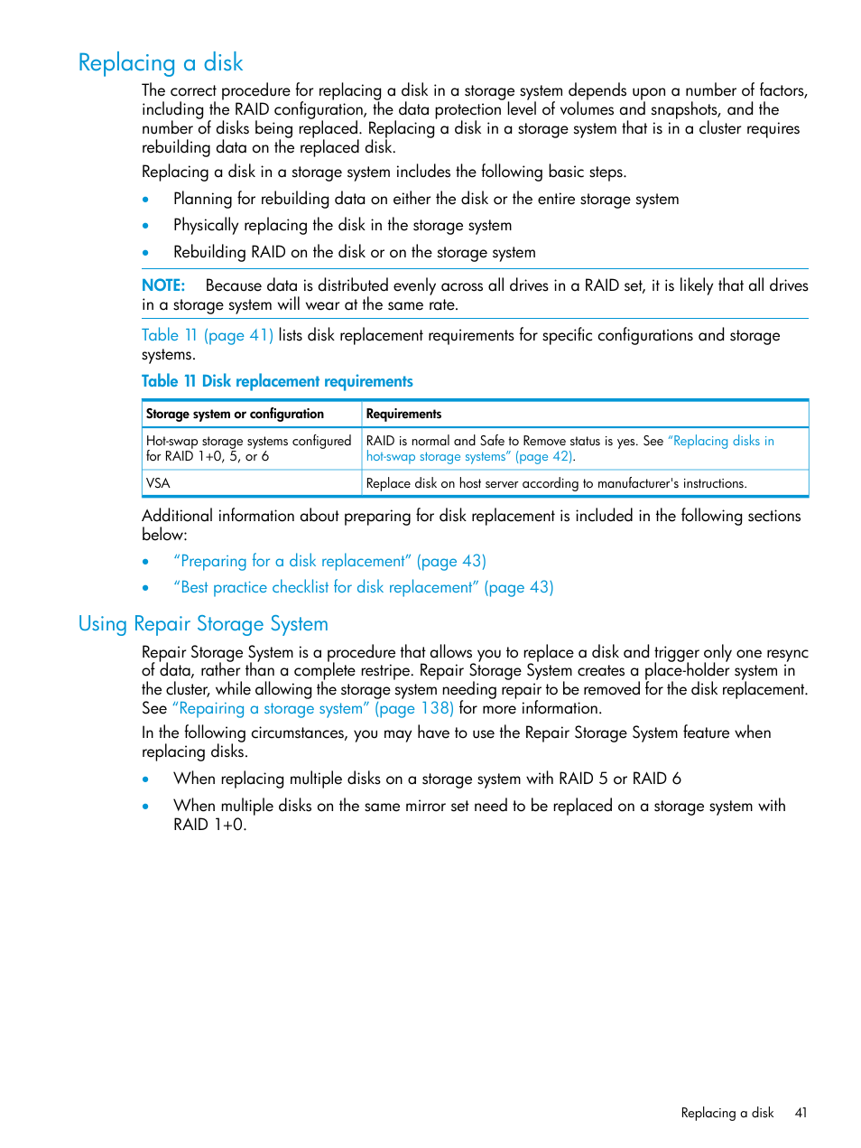 Replacing a disk, Using repair storage system | HP LeftHand P4000 SAN Solutions User Manual | Page 41 / 290