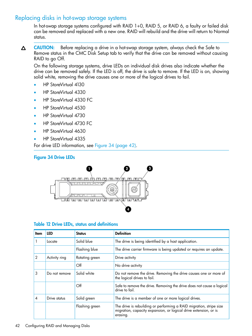 Replacing disks in hot-swap storage systems, Replacing disks in | HP LeftHand P4000 SAN Solutions User Manual | Page 42 / 290