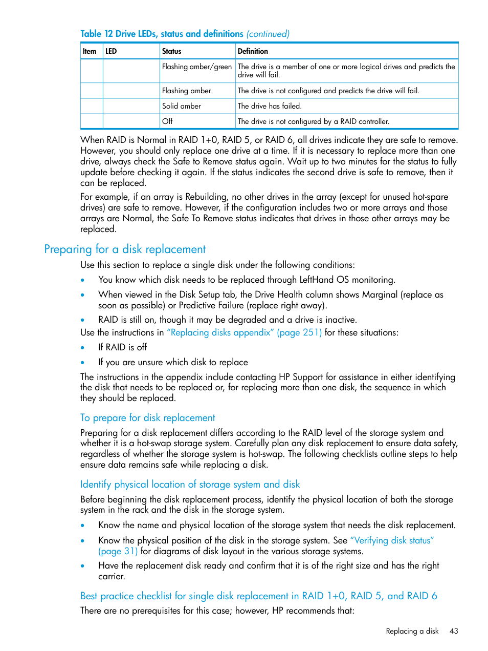 Preparing for a disk replacement | HP LeftHand P4000 SAN Solutions User Manual | Page 43 / 290
