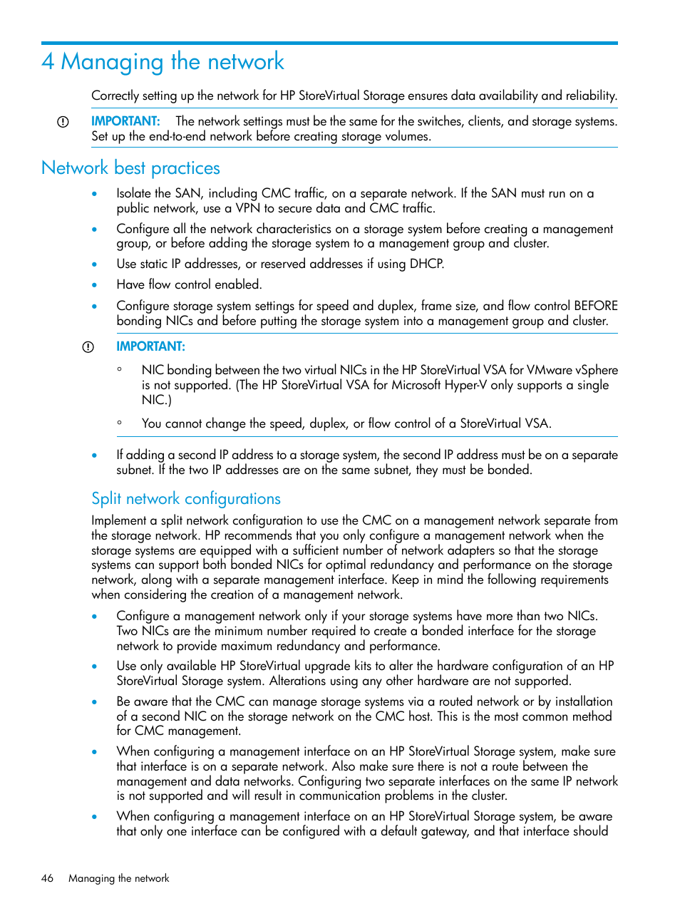4 managing the network, Network best practices, Managing the network | Split network configurations | HP LeftHand P4000 SAN Solutions User Manual | Page 46 / 290