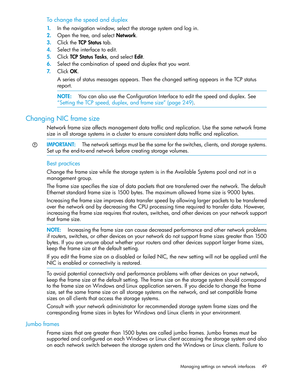 Changing nic frame size, Jumbo frames | HP LeftHand P4000 SAN Solutions User Manual | Page 49 / 290