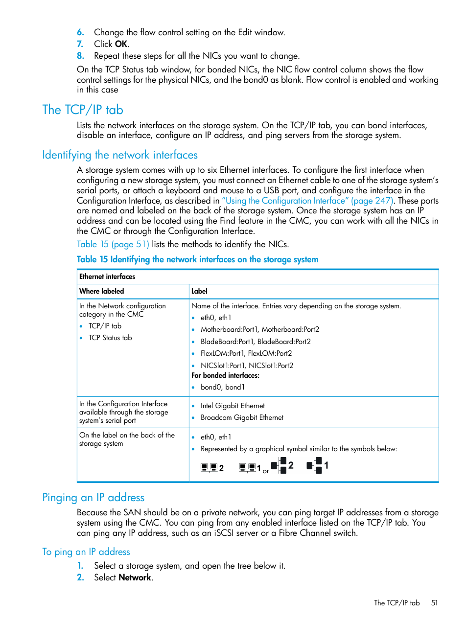 The tcp/ip tab, Identifying the network interfaces, Pinging an ip address | To ping an ip address | HP LeftHand P4000 SAN Solutions User Manual | Page 51 / 290