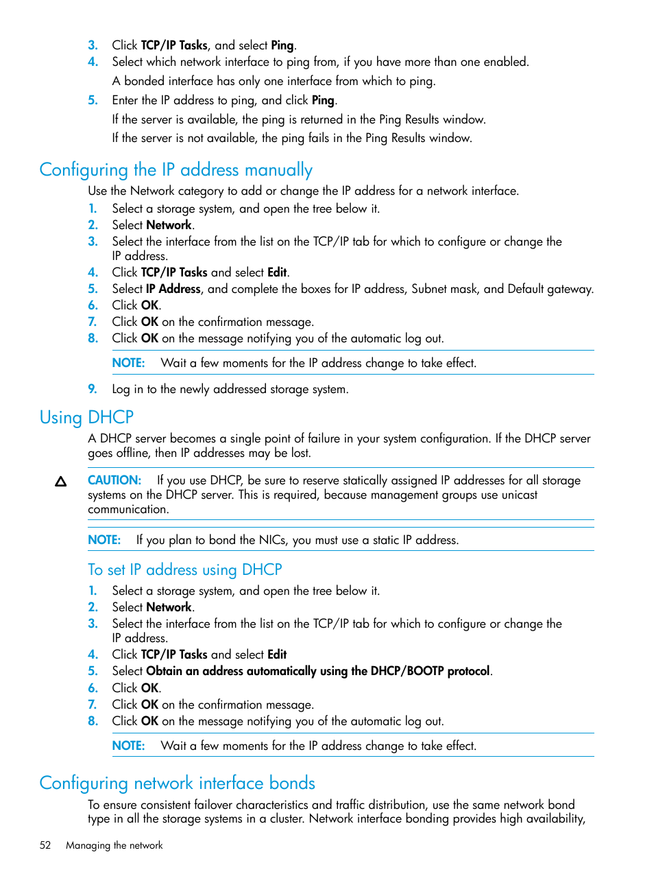 Configuring the ip address manually, Using dhcp, Configuring network interface bonds | HP LeftHand P4000 SAN Solutions User Manual | Page 52 / 290