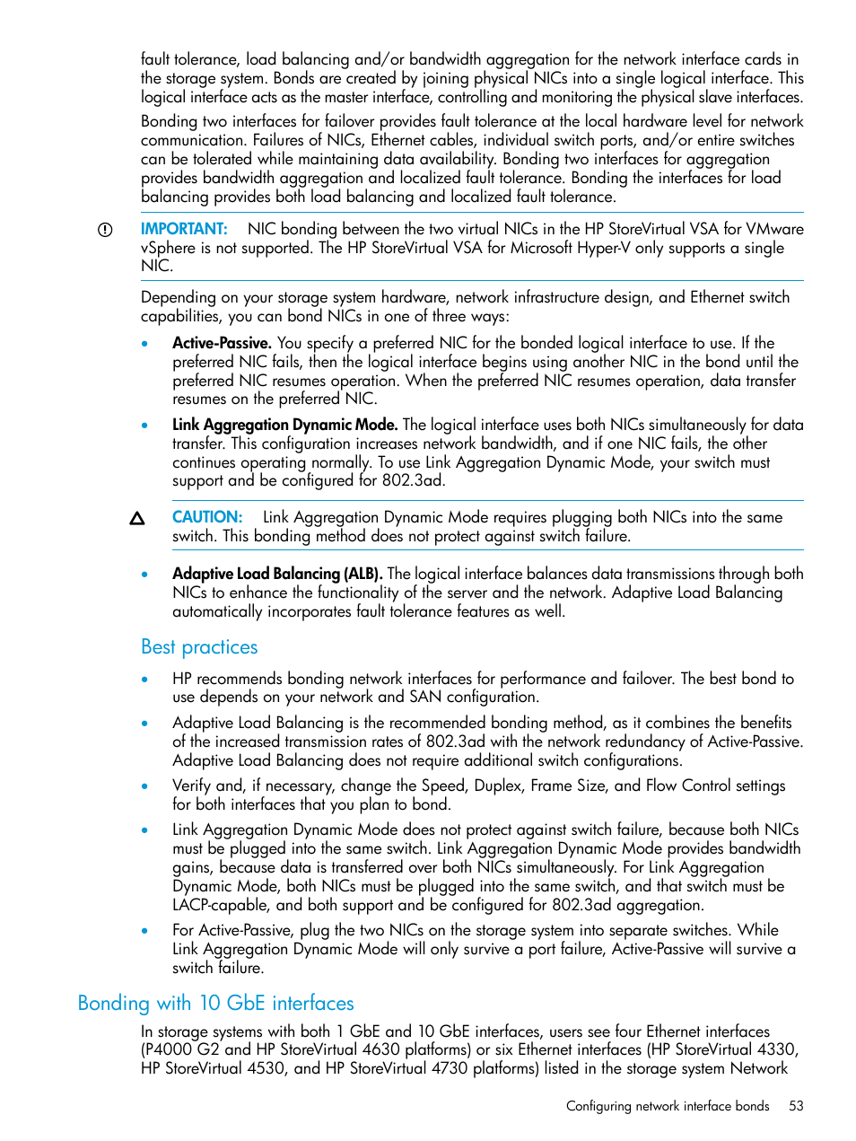Bonding with 10 gbe interfaces, Best practices | HP LeftHand P4000 SAN Solutions User Manual | Page 53 / 290