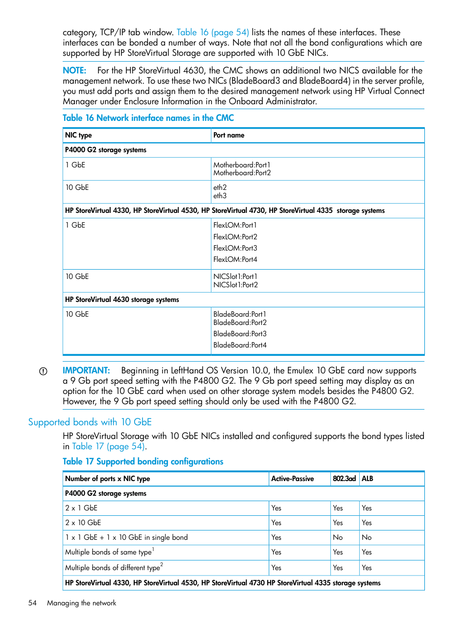 Supported bonds with 10 gbe | HP LeftHand P4000 SAN Solutions User Manual | Page 54 / 290