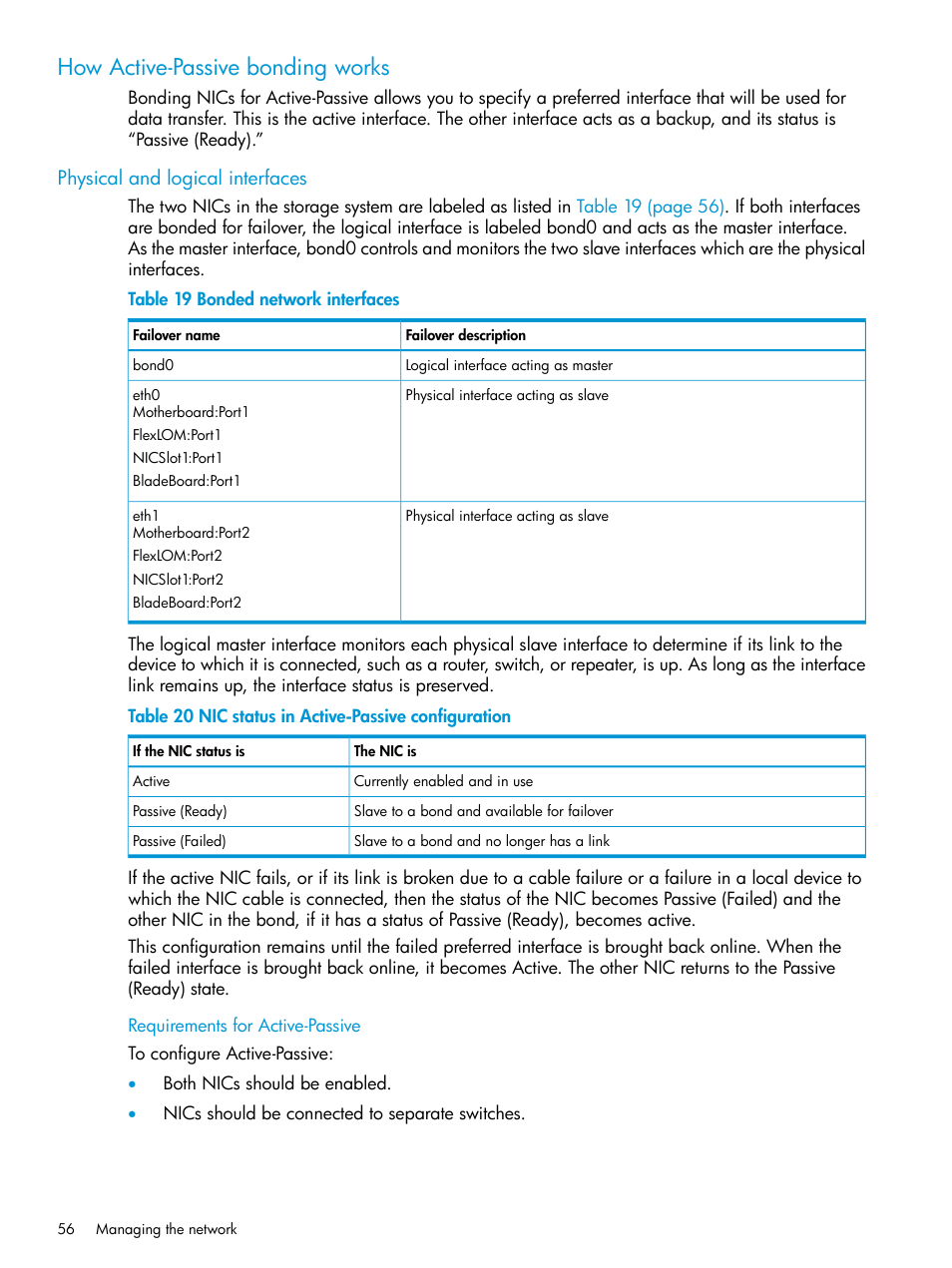 How active-passive bonding works, Physical and logical interfaces | HP LeftHand P4000 SAN Solutions User Manual | Page 56 / 290