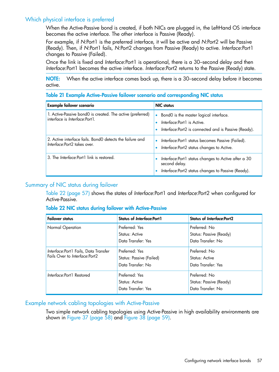 Which physical interface is preferred, Summary of nic status during failover | HP LeftHand P4000 SAN Solutions User Manual | Page 57 / 290