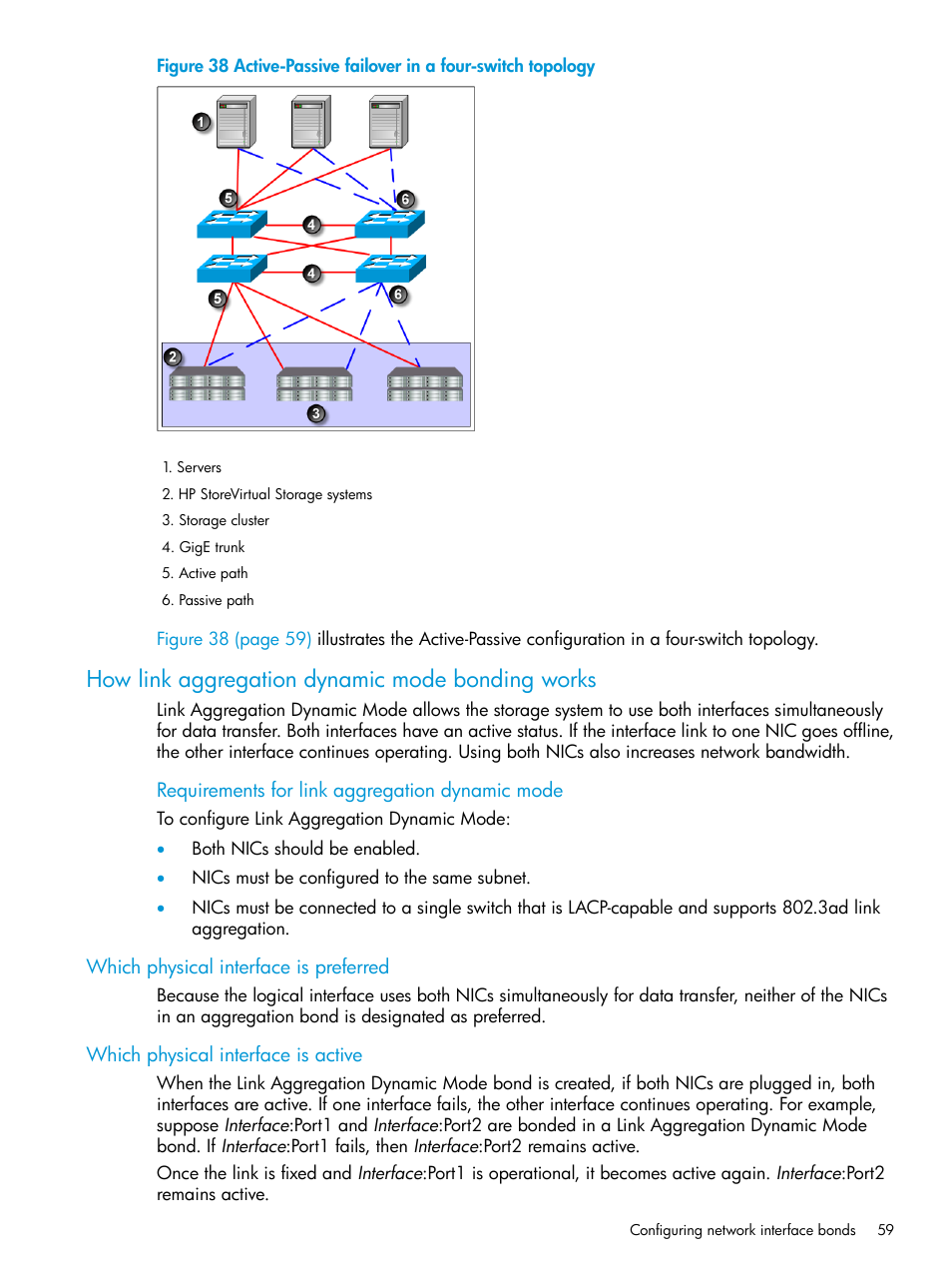 How link aggregation dynamic mode bonding works, Which physical interface is preferred, Which physical interface is active | HP LeftHand P4000 SAN Solutions User Manual | Page 59 / 290