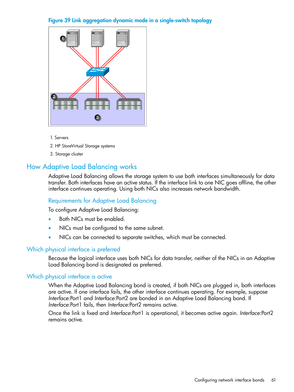 How adaptive load balancing works, Which physical interface is preferred, Which physical interface is active | HP LeftHand P4000 SAN Solutions User Manual | Page 61 / 290