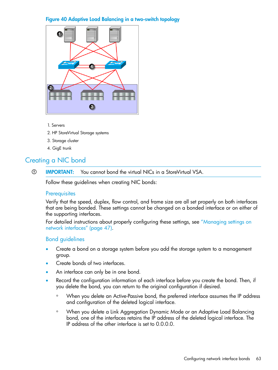 Creating a nic bond | HP LeftHand P4000 SAN Solutions User Manual | Page 63 / 290