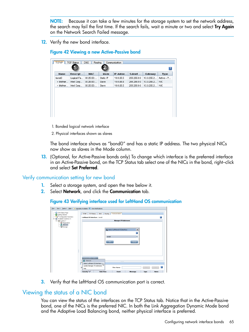 Verify communication setting for new bond, Viewing the status of a nic bond | HP LeftHand P4000 SAN Solutions User Manual | Page 65 / 290
