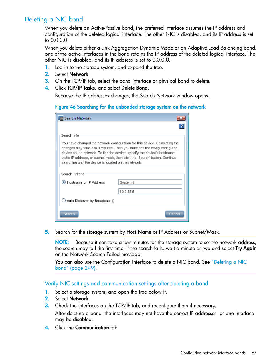 Deleting a nic bond | HP LeftHand P4000 SAN Solutions User Manual | Page 67 / 290