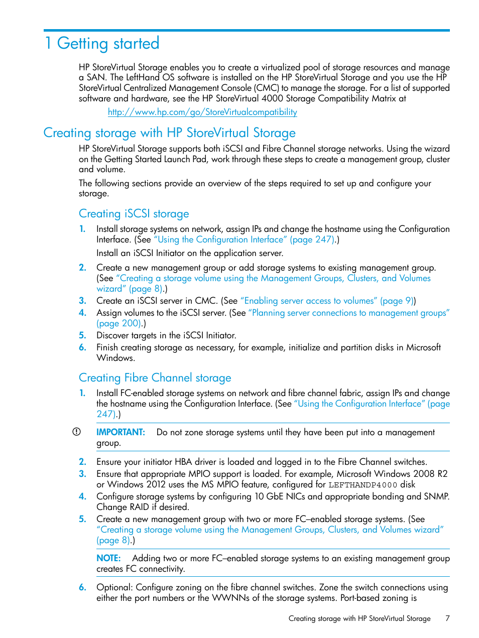 1 getting started, Creating storage with hp storevirtual storage, Creating iscsi storage | Creating fibre channel storage | HP LeftHand P4000 SAN Solutions User Manual | Page 7 / 290