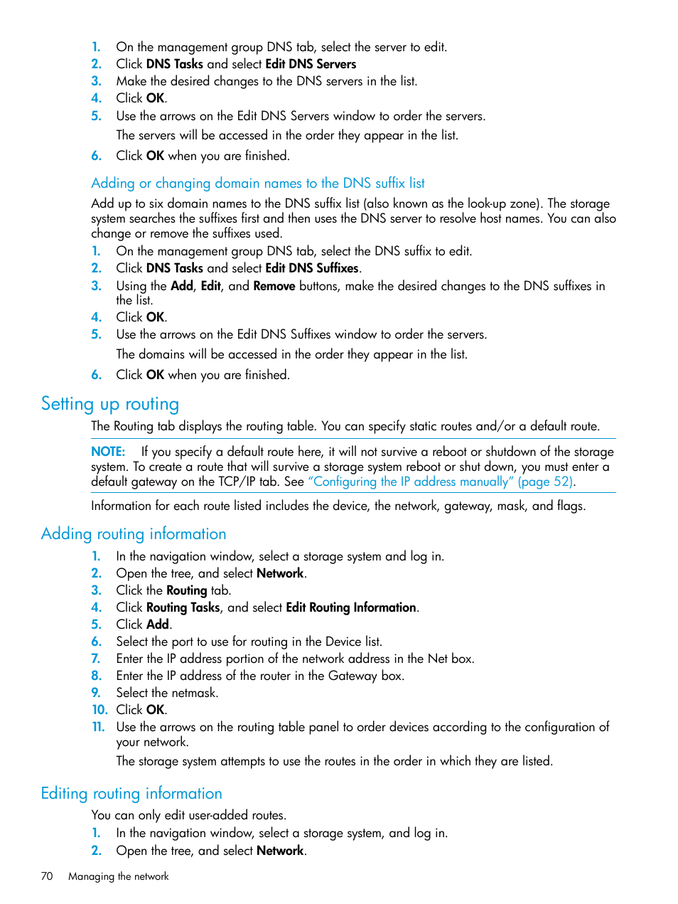 Setting up routing, Adding routing information, Editing routing information | HP LeftHand P4000 SAN Solutions User Manual | Page 70 / 290