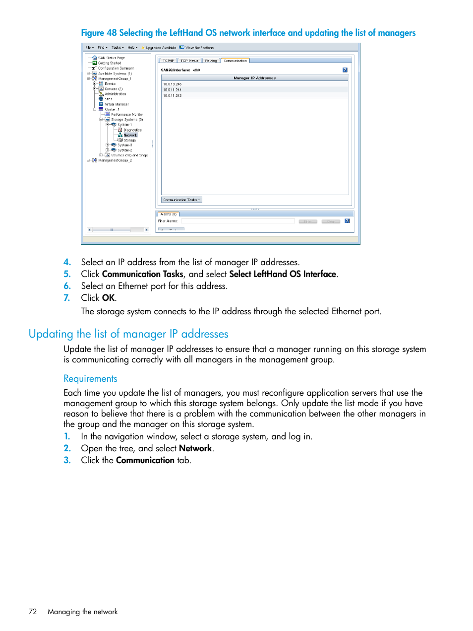 Updating the list of manager ip addresses | HP LeftHand P4000 SAN Solutions User Manual | Page 72 / 290