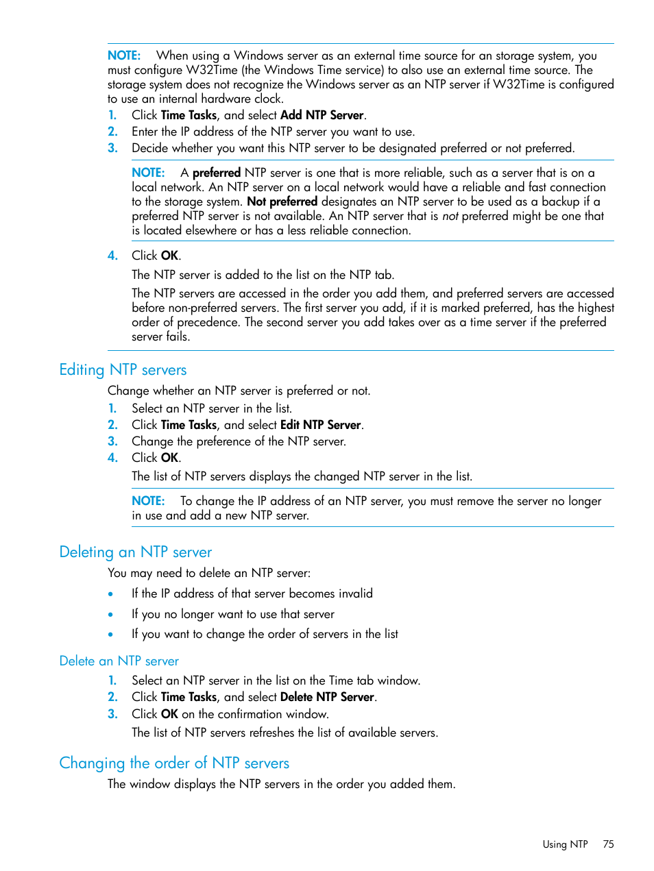 Editing ntp servers, Deleting an ntp server, Delete an ntp server | Changing the order of ntp servers | HP LeftHand P4000 SAN Solutions User Manual | Page 75 / 290