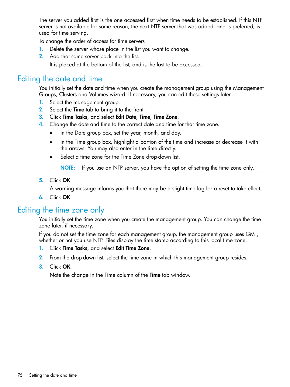 Editing the date and time, Editing the time zone only | HP LeftHand P4000 SAN Solutions User Manual | Page 76 / 290