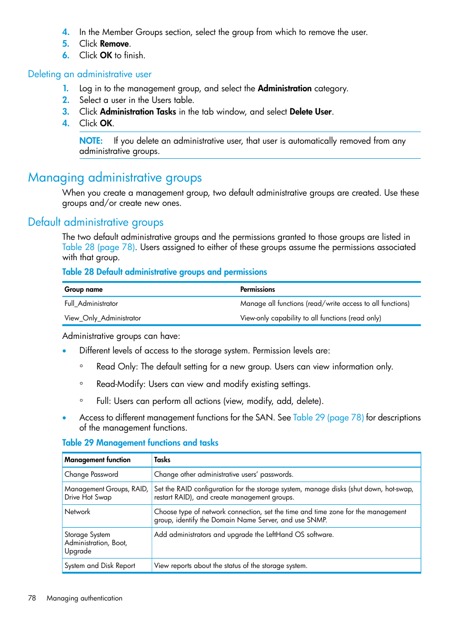 Deleting an administrative user, Managing administrative groups, Default administrative groups | HP LeftHand P4000 SAN Solutions User Manual | Page 78 / 290