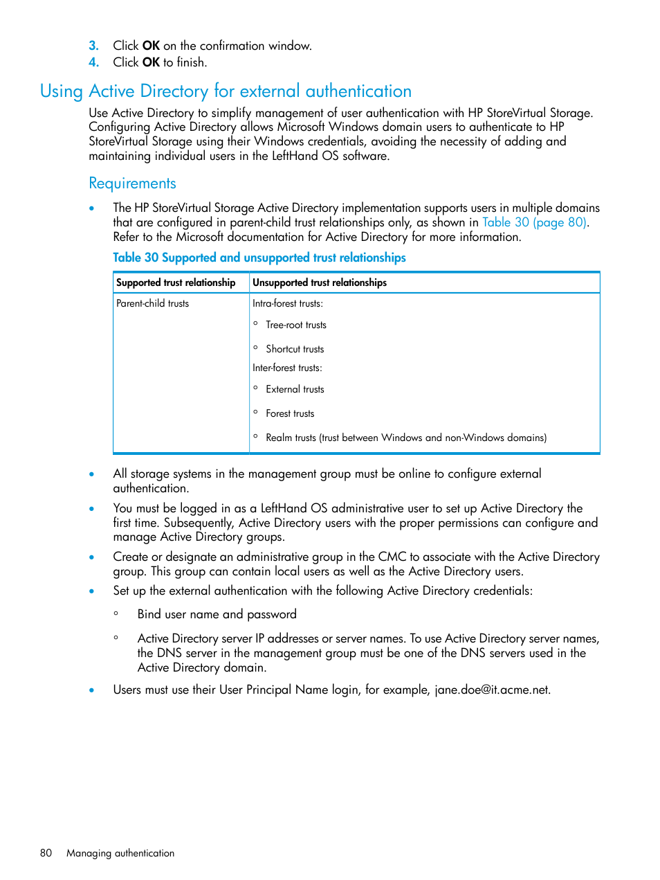 Using active directory for external authentication, Requirements | HP LeftHand P4000 SAN Solutions User Manual | Page 80 / 290