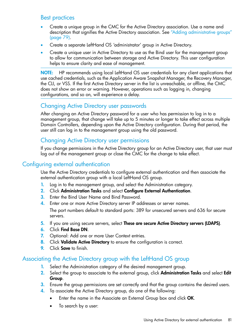 Configuring external authentication, Best practices, Changing active directory user passwords | Changing active directory user permissions | HP LeftHand P4000 SAN Solutions User Manual | Page 81 / 290