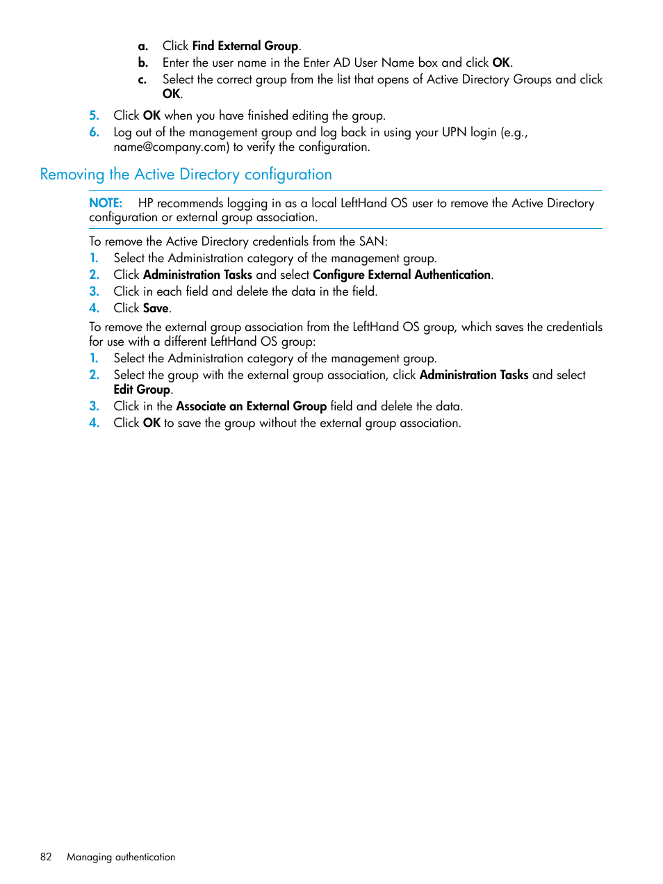 Removing the active directory configuration | HP LeftHand P4000 SAN Solutions User Manual | Page 82 / 290