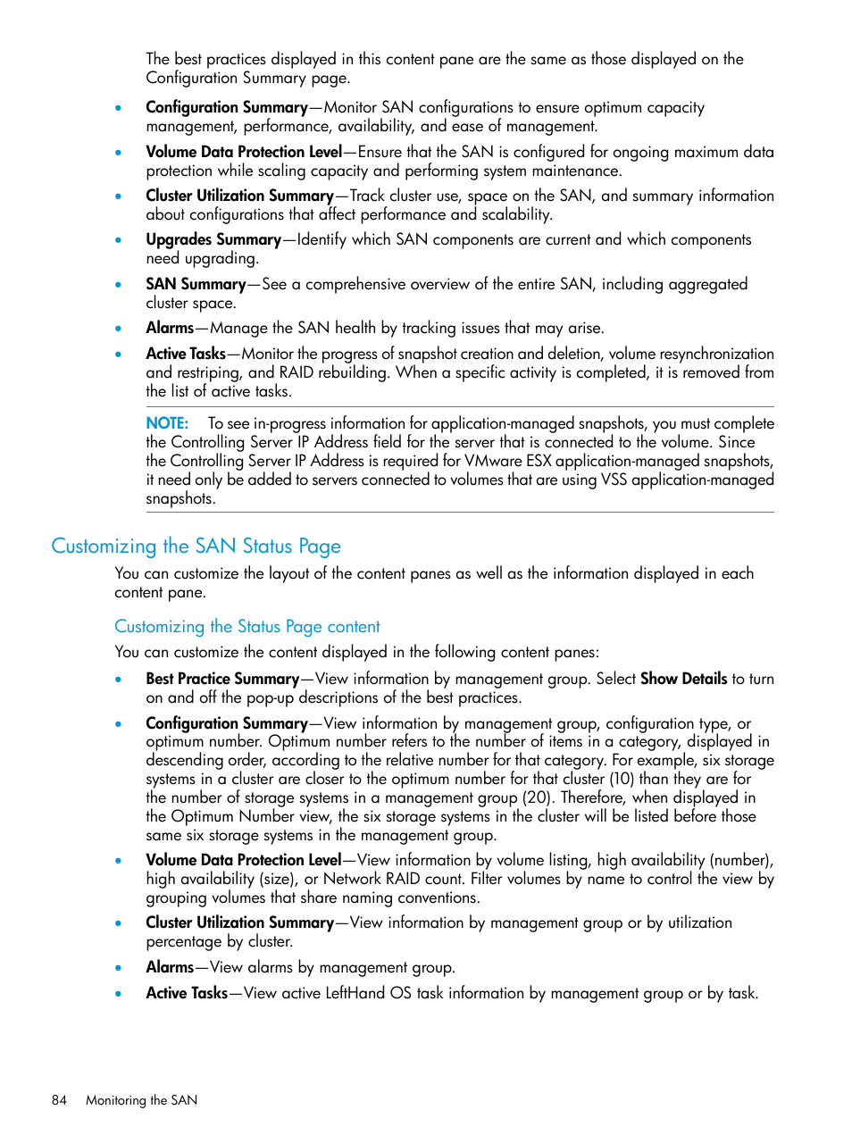 Customizing the san status page | HP LeftHand P4000 SAN Solutions User Manual | Page 84 / 290