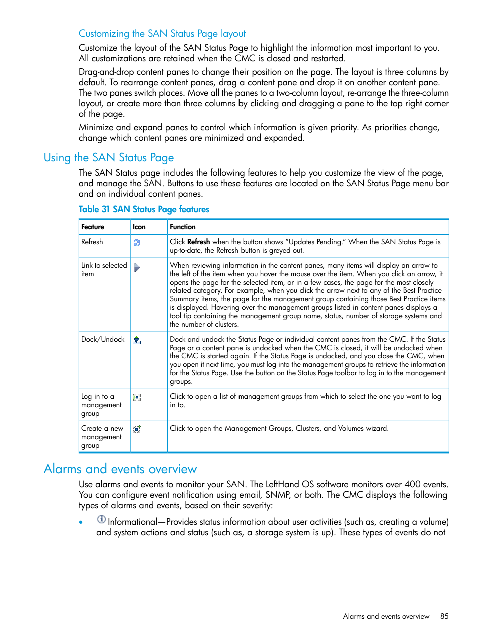 Alarms and events overview, Using the san status page | HP LeftHand P4000 SAN Solutions User Manual | Page 85 / 290