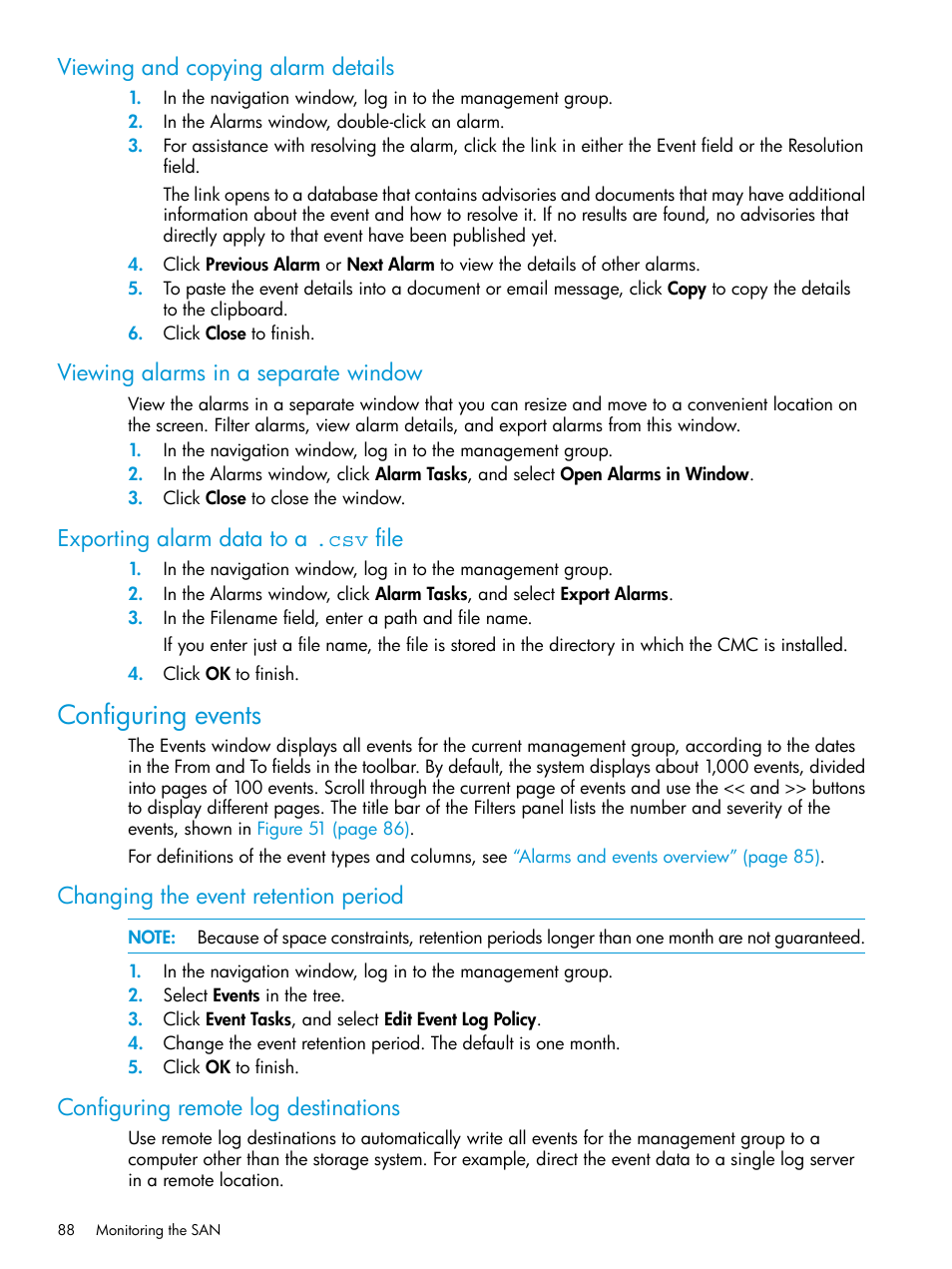 Viewing and copying alarm details, Viewing alarms in a separate window, Exporting alarm data to a .csv file | Configuring events, Changing the event retention period, Configuring remote log destinations | HP LeftHand P4000 SAN Solutions User Manual | Page 88 / 290