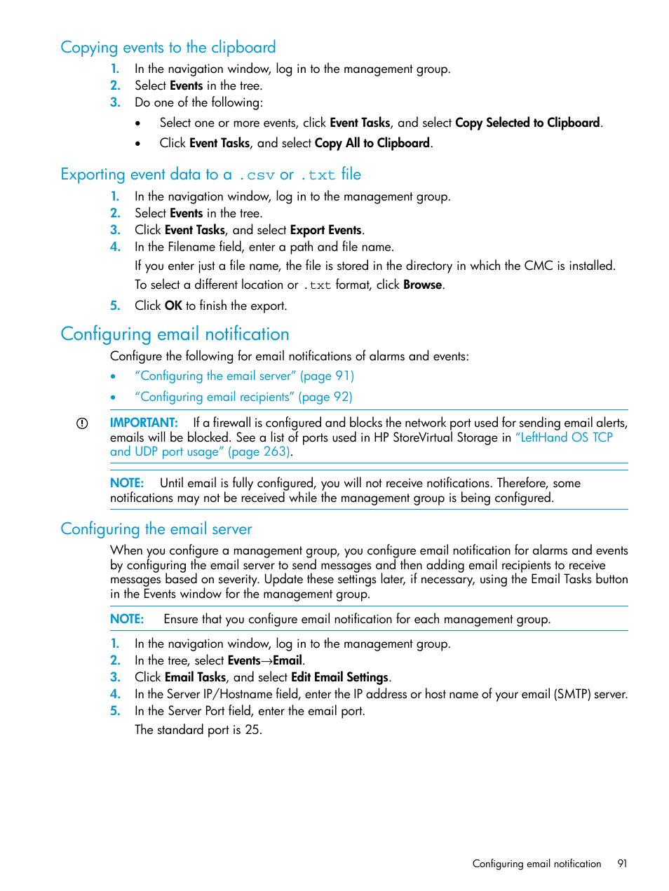 Copying events to the clipboard, Exporting event data to a .csv or .txt file, Configuring email notification | Configuring the email server, Configuring | HP LeftHand P4000 SAN Solutions User Manual | Page 91 / 290