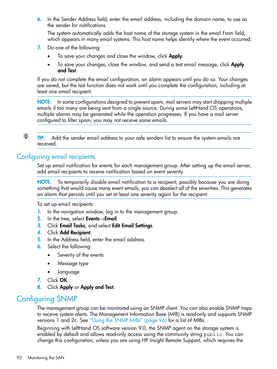 Configuring email recipients, Configuring snmp | HP LeftHand P4000 SAN Solutions User Manual | Page 92 / 290