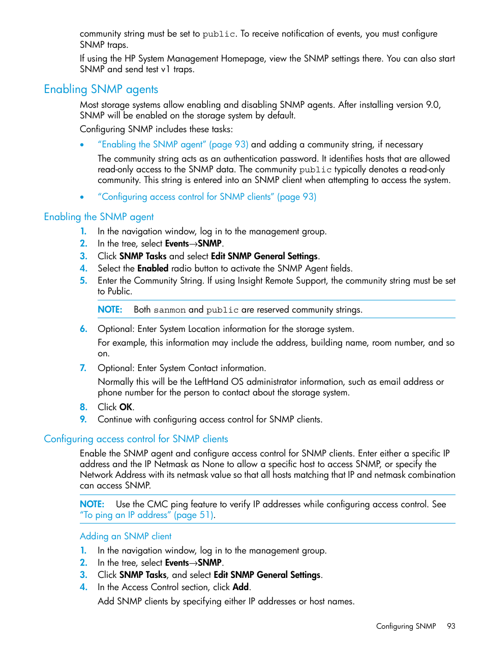 Enabling snmp agents, Enabling the snmp agent, Configuring access control for snmp clients | Adding an snmp client | HP LeftHand P4000 SAN Solutions User Manual | Page 93 / 290