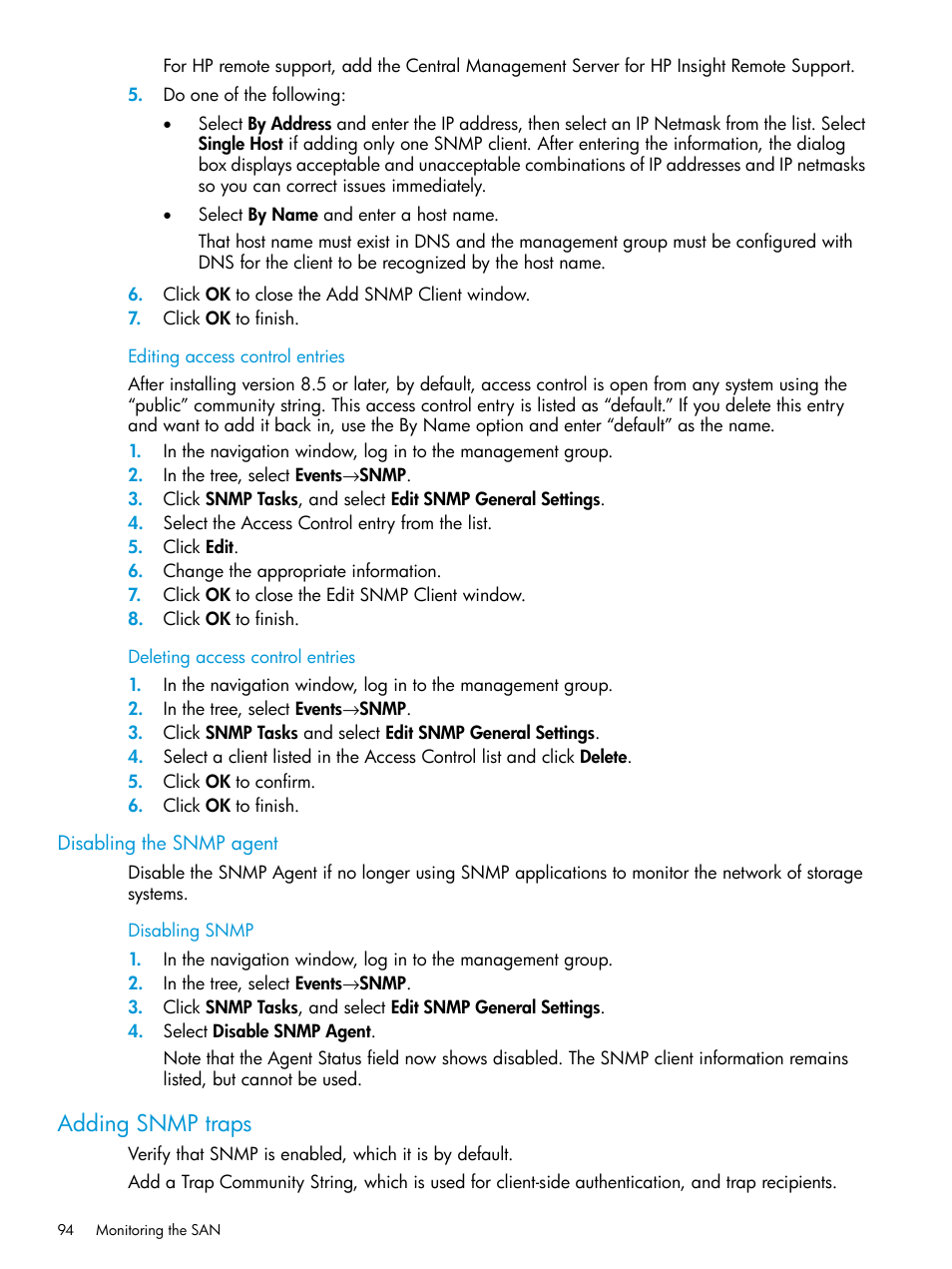 Editing access control entries, Deleting access control entries, Disabling the snmp agent | Disabling snmp, Adding snmp traps | HP LeftHand P4000 SAN Solutions User Manual | Page 94 / 290