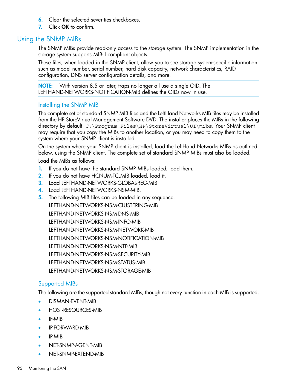 Using the snmp mibs | HP LeftHand P4000 SAN Solutions User Manual | Page 96 / 290