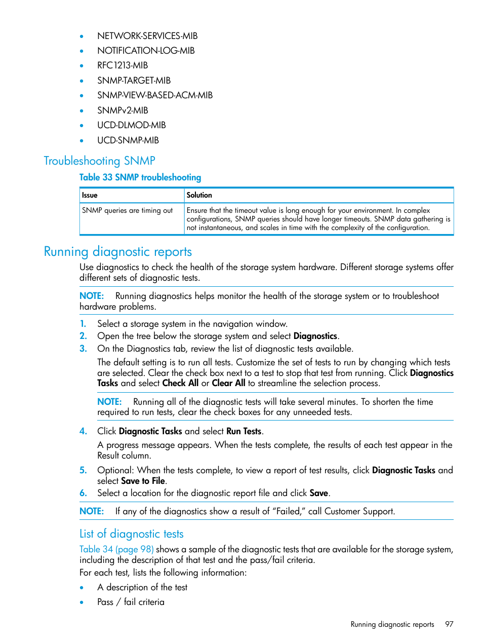 Troubleshooting snmp, Running diagnostic reports, List of diagnostic tests | HP LeftHand P4000 SAN Solutions User Manual | Page 97 / 290