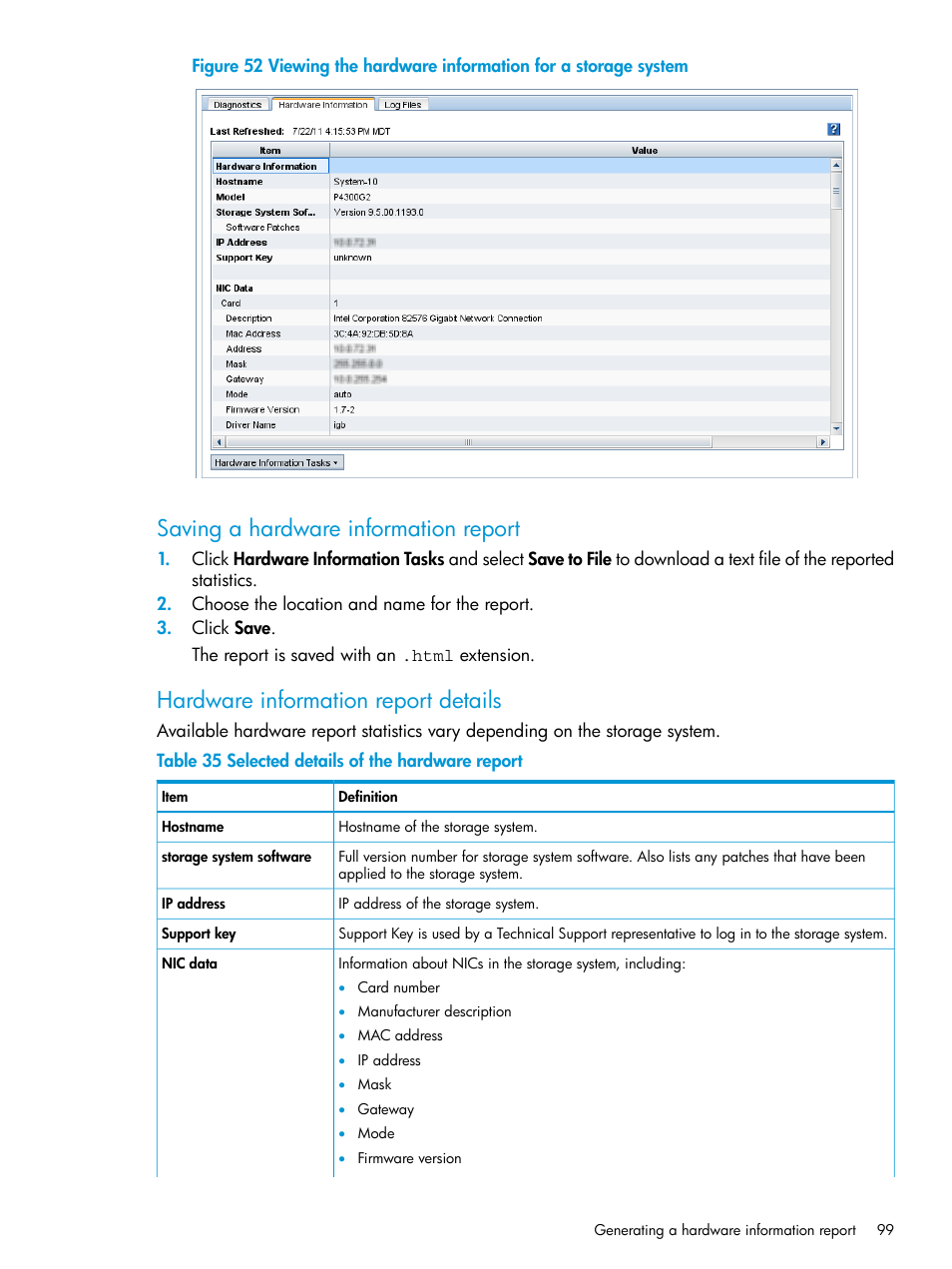 Saving a hardware information report, Hardware information report details | HP LeftHand P4000 SAN Solutions User Manual | Page 99 / 290