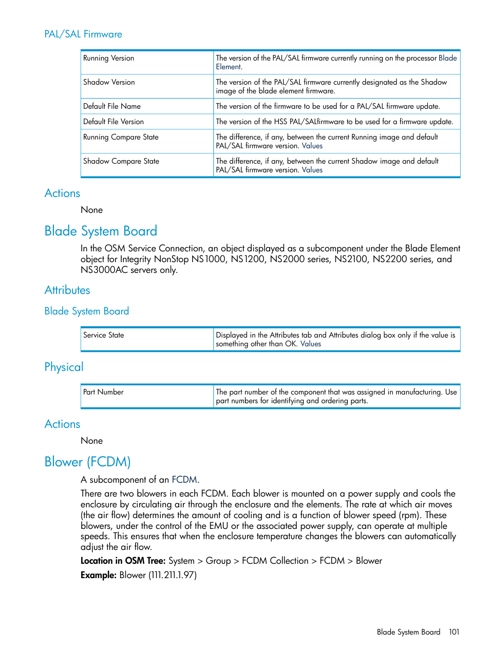 Pal/sal firmware, Actions, Blade system board | Attributes, Physical, Blower (fcdm), Physical actions | HP Integrity NonStop J-Series User Manual | Page 101 / 328