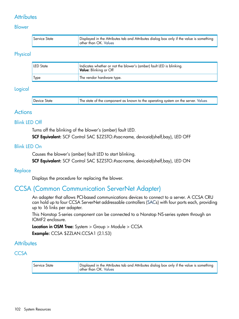Attributes, Blower, Physical | Logical, Actions, Blink led off, Blink led on, Replace, Ccsa (common communication servernet adapter), Ccsa | HP Integrity NonStop J-Series User Manual | Page 102 / 328