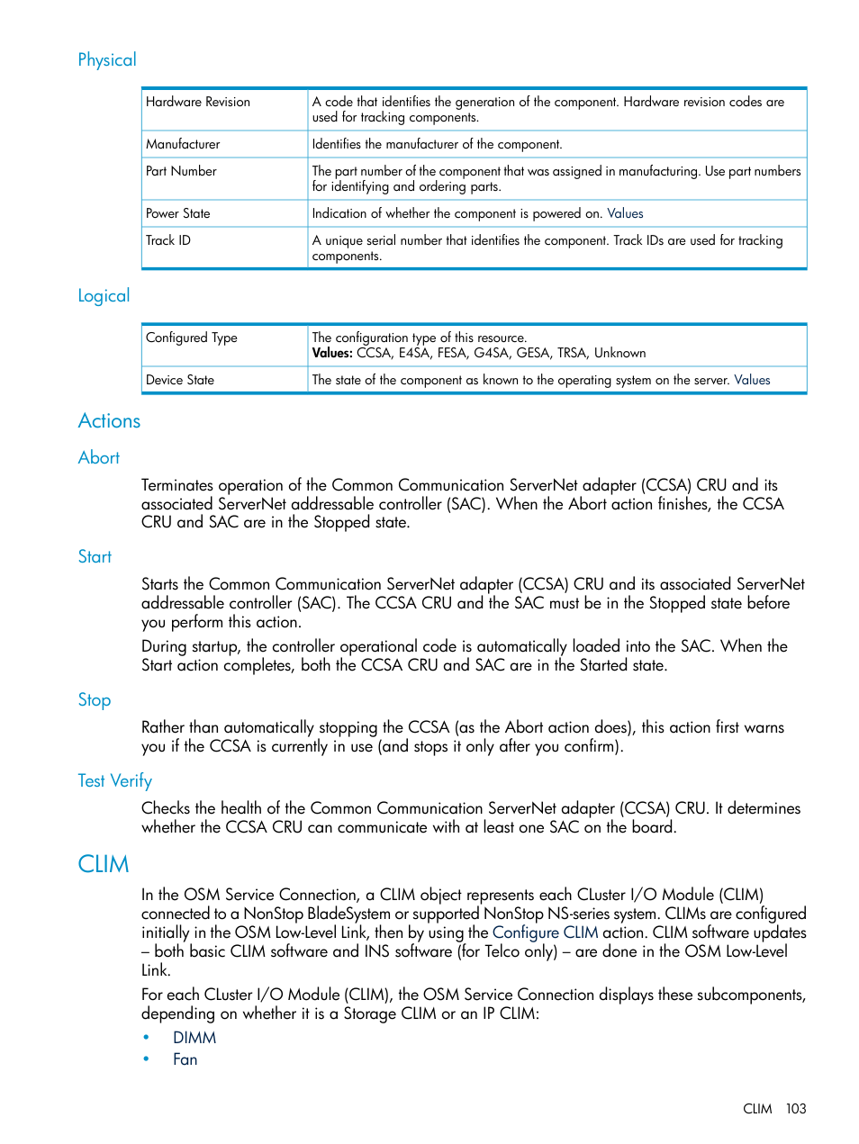 Physical, Logical, Actions | Abort, Start, Stop, Test verify, Clim, Physical logical, Abort start stop test verify | HP Integrity NonStop J-Series User Manual | Page 103 / 328