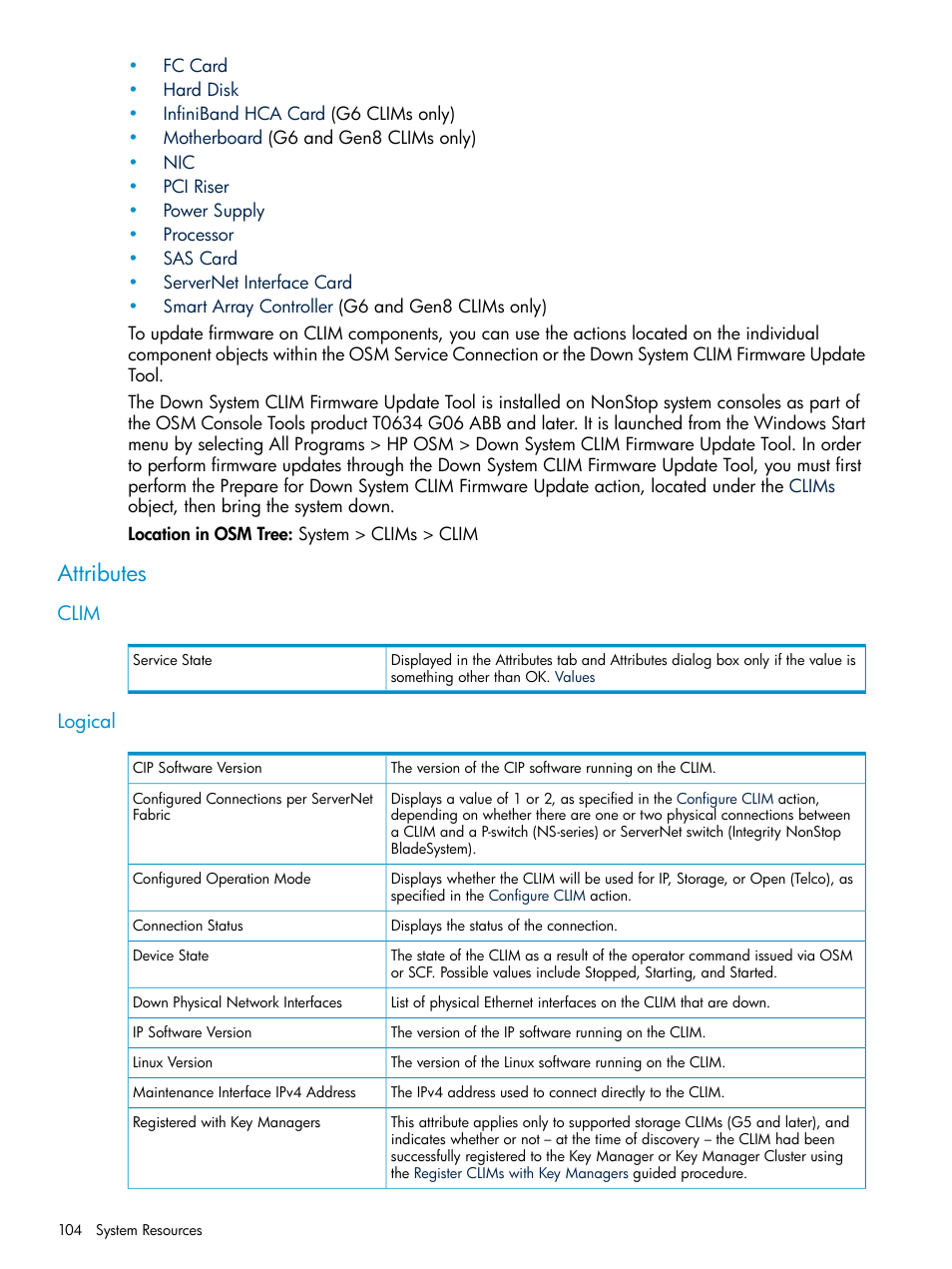 Attributes, Clim, Logical | Clim logical, Registered with key managers | HP Integrity NonStop J-Series User Manual | Page 104 / 328