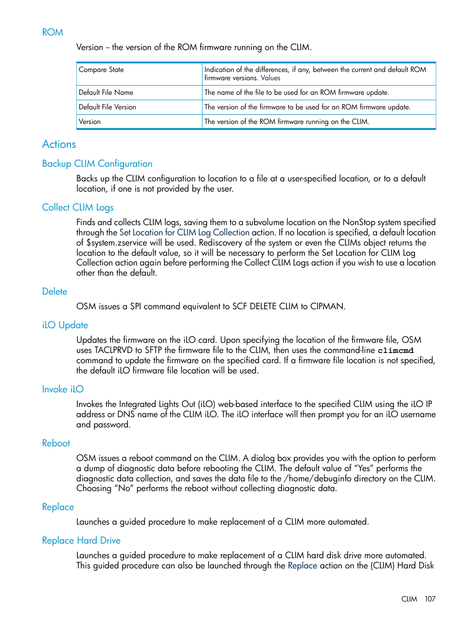 Actions, Backup clim configuration, Collect clim logs | Delete, Ilo update, Invoke ilo, Reboot, Replace, Replace hard drive, Backup | HP Integrity NonStop J-Series User Manual | Page 107 / 328