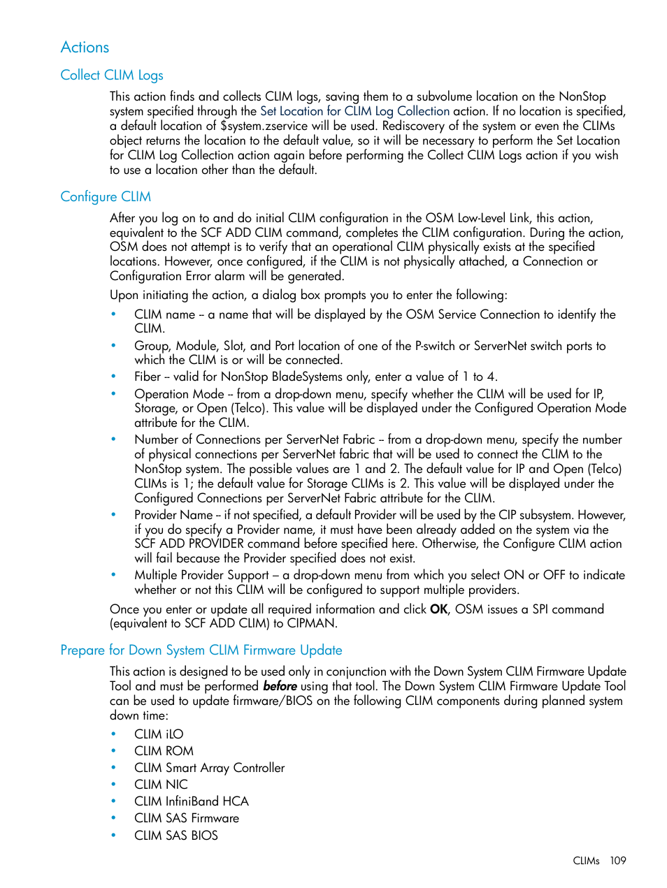 Actions, Collect clim logs, Configure clim | Prepare for down system clim firmware update, Prepare for down system, Clim firmware update | HP Integrity NonStop J-Series User Manual | Page 109 / 328