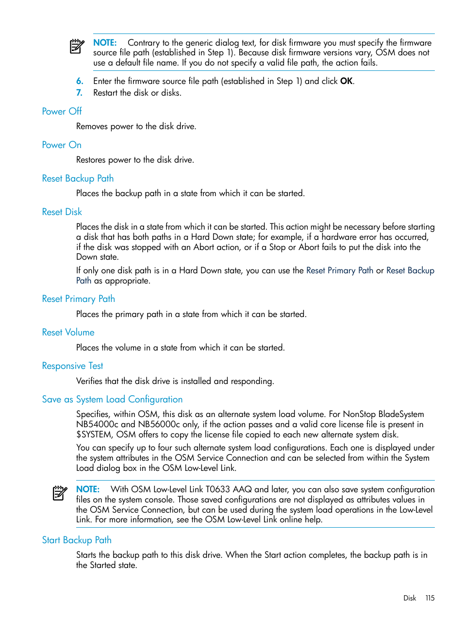 Power off, Power on, Reset backup path | Reset disk, Reset primary path, Reset volume, Responsive test, Save as system load configuration, Start backup path | HP Integrity NonStop J-Series User Manual | Page 115 / 328
