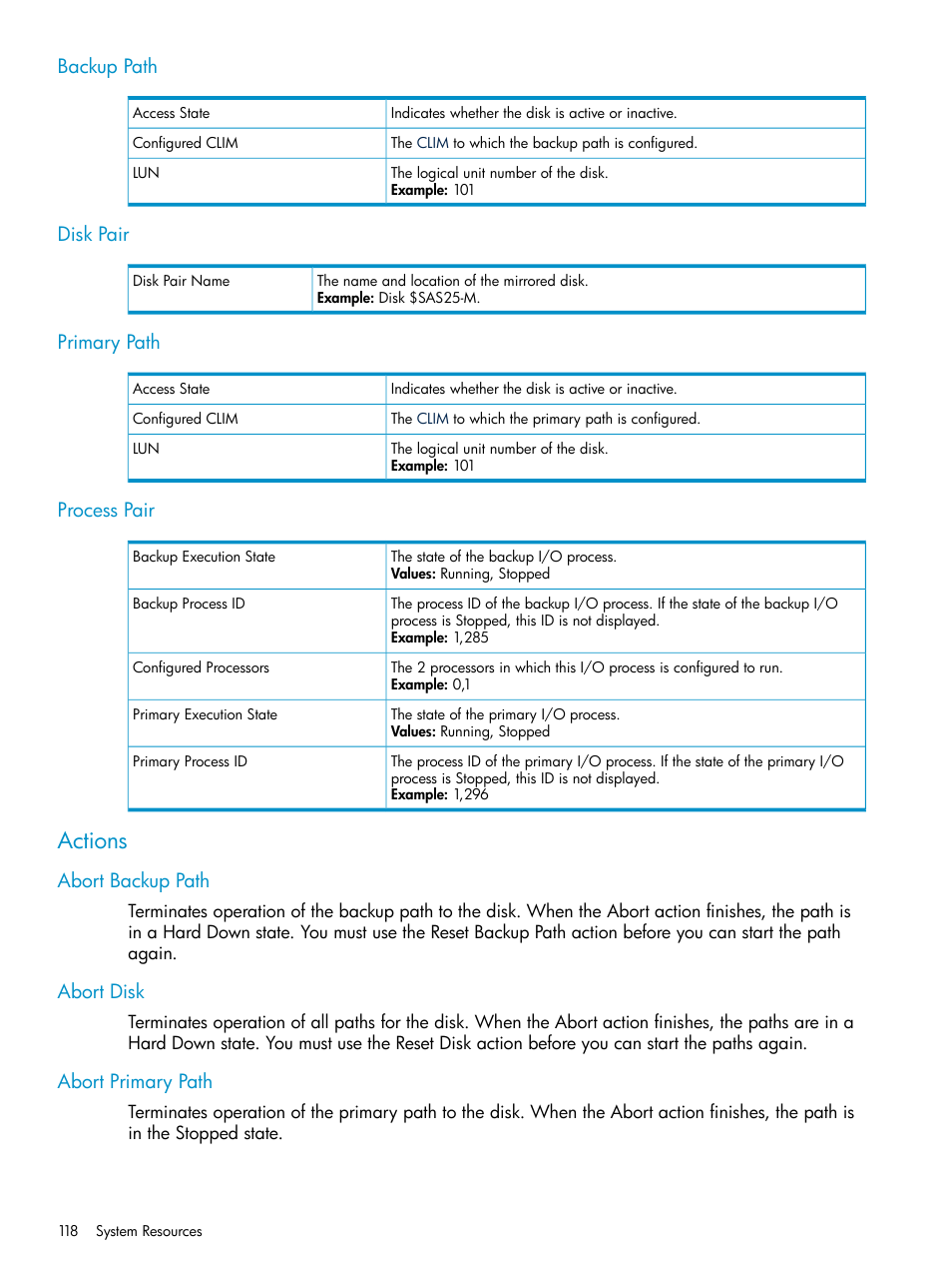Backup path, Disk pair, Primary path | Process pair, Actions, Abort backup path, Abort disk, Abort primary path, Backup path disk pair primary path process pair, Abort backup path abort disk abort primary path | HP Integrity NonStop J-Series User Manual | Page 118 / 328