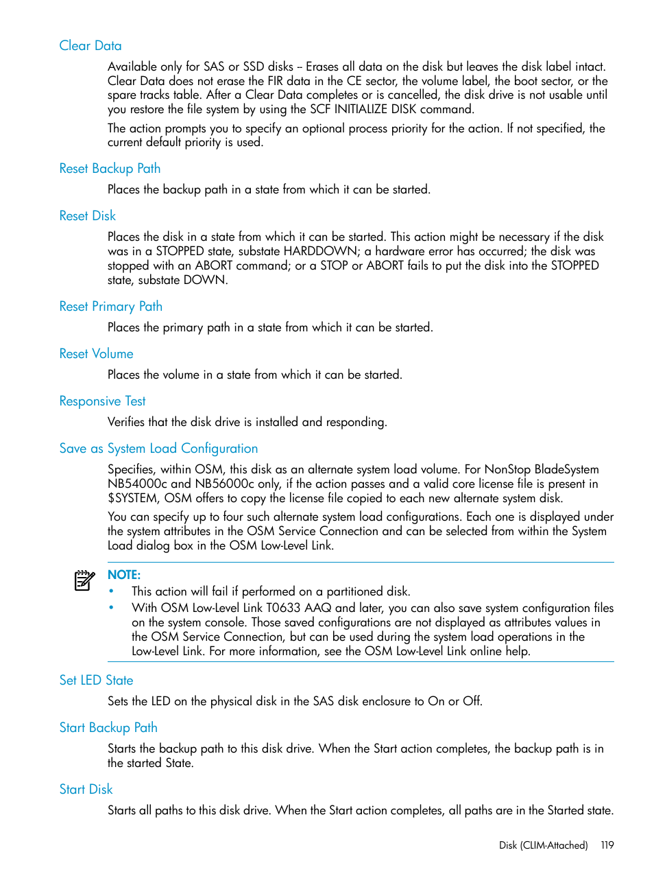 Clear data, Reset backup path, Reset disk | Reset primary path, Reset volume, Responsive test, Save as system load configuration, Set led state, Start backup path, Start disk | HP Integrity NonStop J-Series User Manual | Page 119 / 328