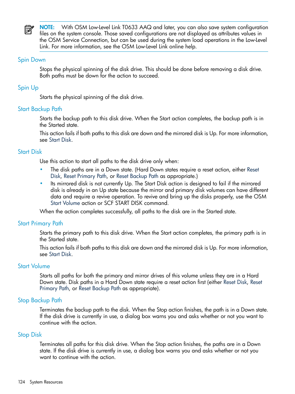 Spin down, Spin up, Start backup path | Start disk, Start primary path, Start volume, Stop backup path, Stop disk | HP Integrity NonStop J-Series User Manual | Page 124 / 328