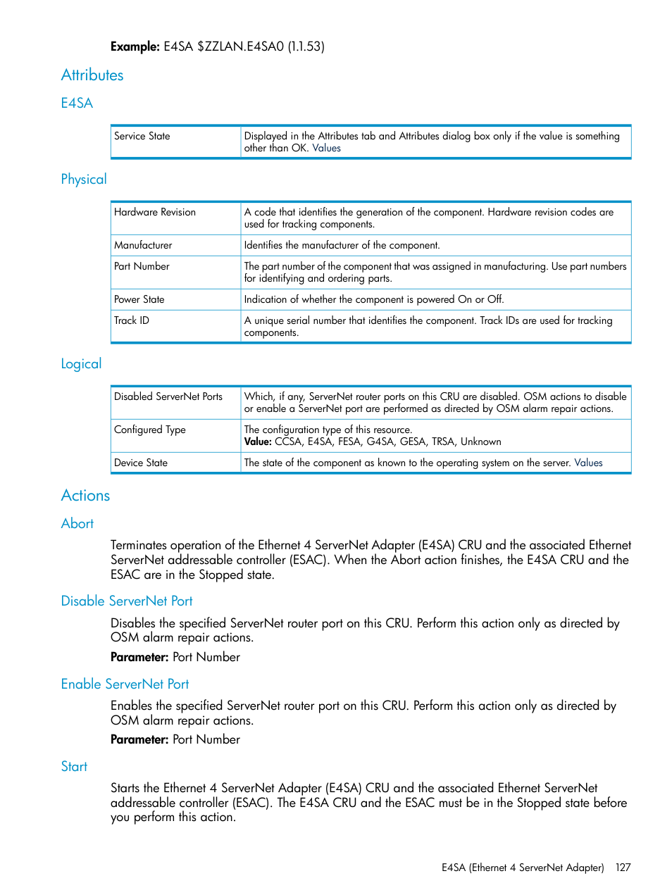 Attributes, E4sa, Physical | Logical, Actions, Abort, Disable servernet port, Enable servernet port, Start, E4sa physical logical | HP Integrity NonStop J-Series User Manual | Page 127 / 328